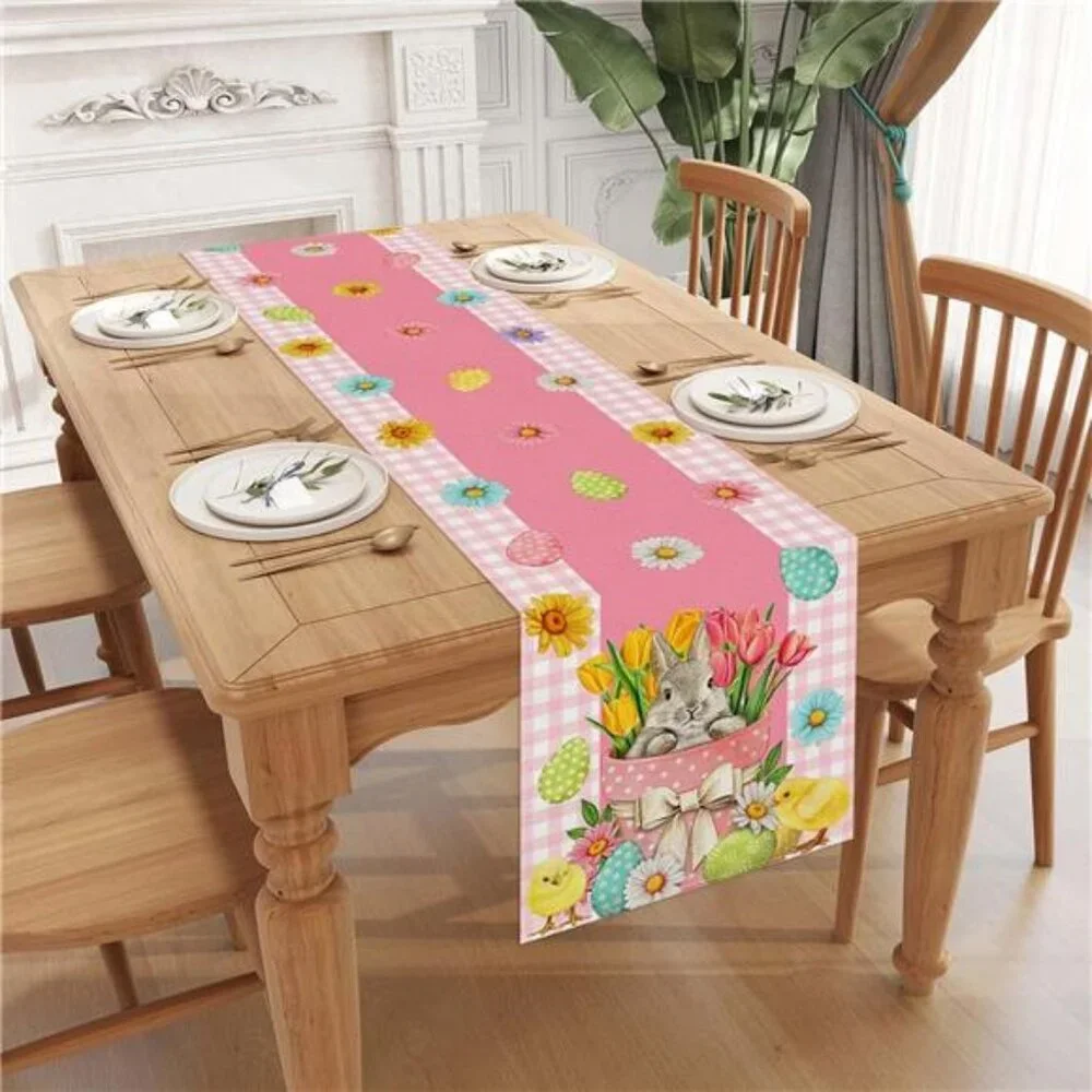 Linen Pink and White Buffalo Check Plaid Easter Table Runner 72 Inches Long